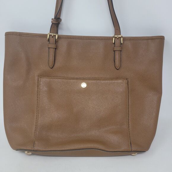 Michael Kors Jet Set Saffiano Leather Pocket Tote Brown Acorn Shoulder Bag Large - Picture 1 of 14
